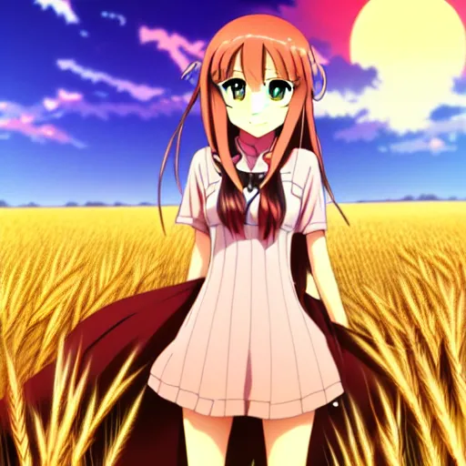 Image similar to anime key visual of Holo from Spice and Wolf standing in a wheat field at sunset, Holo is a wolf girl, high detail, trending on pixiv