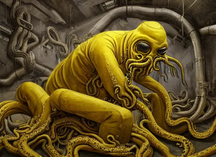 Prompt: a man in a yellow hazmat suit being eaten by a highly detailed Cthulhu Eldritch demon with many eyes and tentacles in an underground brutalist bunker, highly realistic, highly detailed, intricate, cinematic, wide angle, grime, symmetrical and centered, front facing camera, epic lighting, Unreal engine render in 8k by Zdzslaw Beksinski and Wayne Barlowe