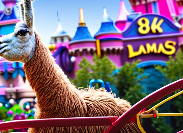 Image similar to film still of a llama riding a roller coaster in disneyland paris, 8 k