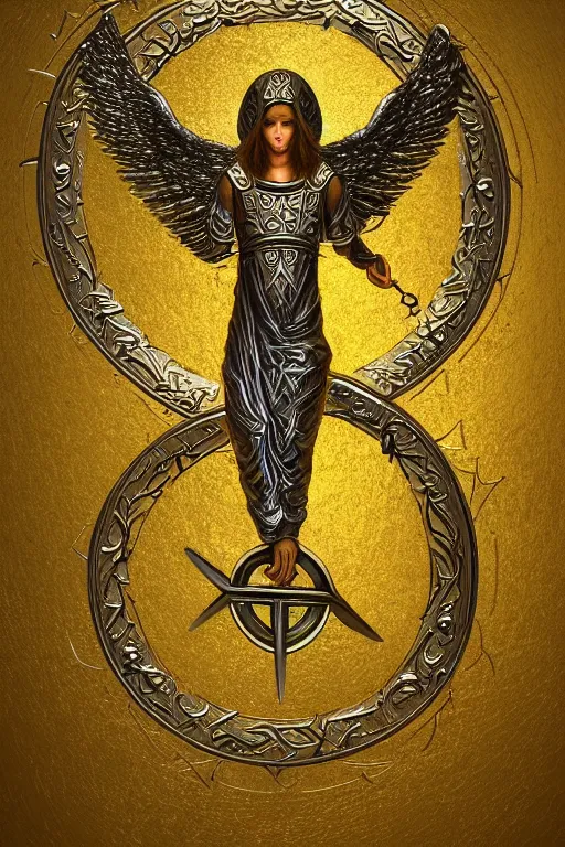 Prompt: Old judean symbol of archangel Gabriel. Symbol made out of metal. Cooper lining ,intricate, elegant, highly detailed, digital painting, artstation, concept art, smooth, sharp focus, illustration, art by Ilja Repin