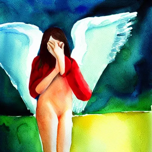 Image similar to Angel crying on top of a red ocean cube, trending on ArtStation watercolor drawing painting creative painterly artistic