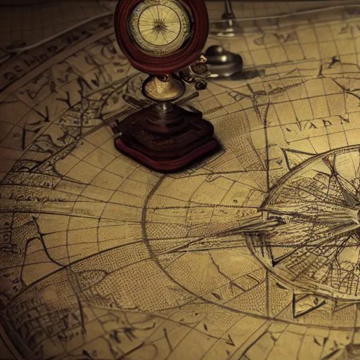 Prompt: old map on a table surrounded by small aparatus, compass, hourglass, sextant, daylight, hyperdetailed, sharp, artstation, 3 d render, ray tracing