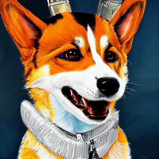 Prompt: an epic painting of a cyberpunk corgi dog, by Tooth Wu