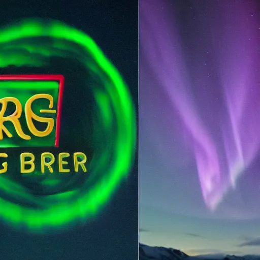 Image similar to the burger king logo formed through arctic northern lights, 8 k, hyperdetailed, award - winning