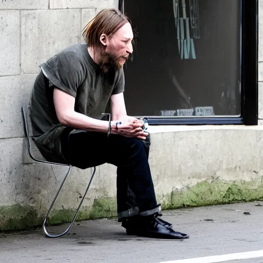 Image similar to thom yorke sitting on a bench on a street corner in front of an open window smoking a cigarette