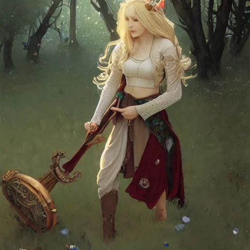 Image similar to elf fairy with a lute wearing a cardigan, blonde, highly detailed, intricate, digital painting, artstation, sharp focus, illustration, art by jakub rozalski, greg rutkowski, artgerm, tan zi and ayanamikodon and alphonse mucha and wlop