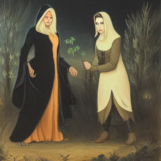 Image similar to a goth brunette woman in a black hooded cloak, standing beside a butch blonde tomboy woman engineer, in a garden at night, soft and romantic