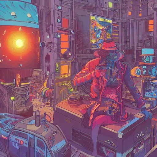 Prompt: a painting of a cyberpunk circus, illustration, painted by josan gonzalez