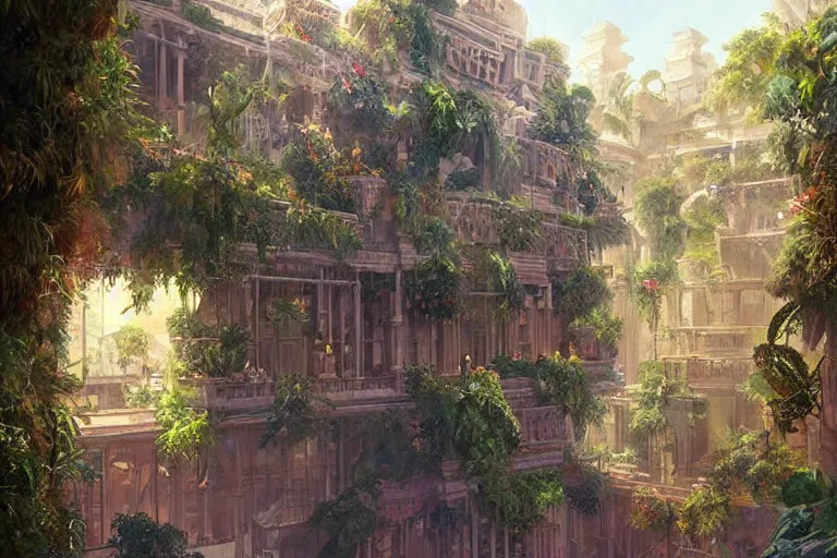 Image similar to hanging gardens of babylon, highly detailed, digital painting, artstation, concept art, sharp focus, illustration, art by artgerm and greg rutkowski and magali villeneuve