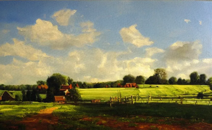 Image similar to oil painting of a beautiful farm in the style of gustave baumann