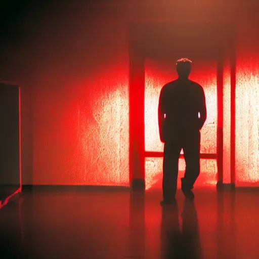 Prompt: Tension building scene, person coming out of the shadows into red light, reflective eyes, Dean Cundey cinematography