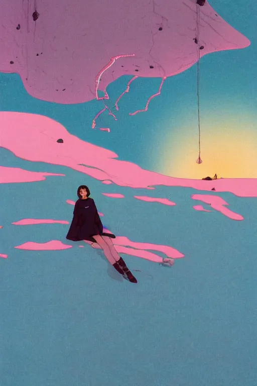 Image similar to a closeup portrait of anti - gravity, a young siberian woman drifting in psychedelic hallucinations in the vast icy landscape of antarctica, volcano lava drips in anti - gravity by kawase hasui, moebius and edward hopper, colorful flat surreal design, hd, 8 k, artstation