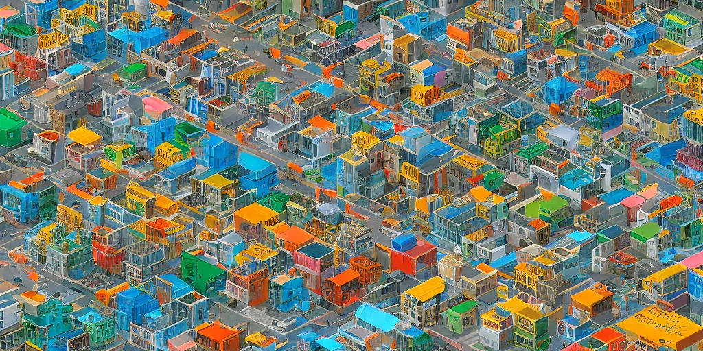 Prompt: isometric colorful 3D rendering of favelas surrounding San Francisco in 2038, Blender 3D, evening, lights on, electric wiring everywhere, shanties made of recycled material and corrugated metal. Panoramic