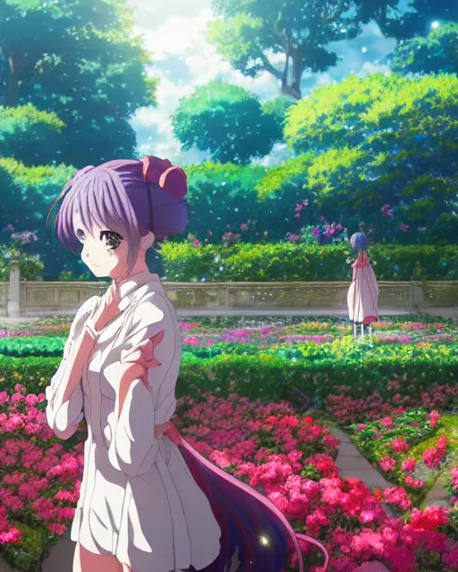 Image similar to cyborg girl in rose garden, contemplation, anime epic artwork, kyoto animation, key visual, 4 k, ultra fine detail