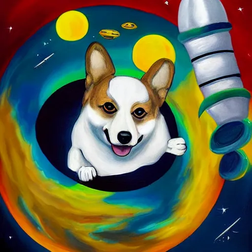 Image similar to surrealist painting of a corgi astronaut floating in outer space