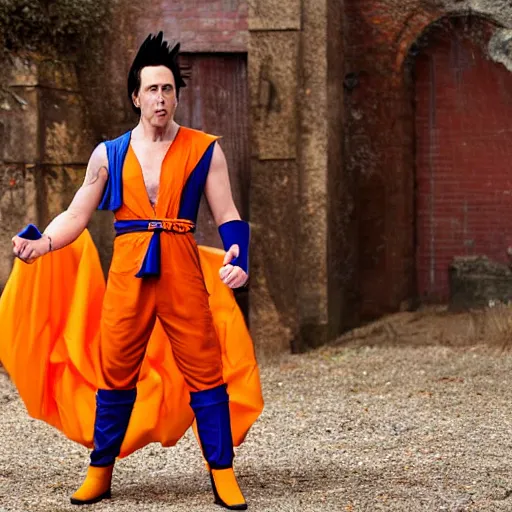 Image similar to nicholas cage wearing a goku from dragon ball z cosplay. photography. 4 k. photoshoot. full body.