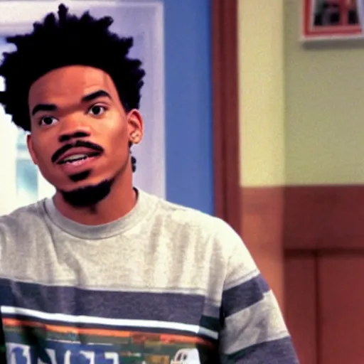 Image similar to a tv still of Chance The Rapper starring as a college student in a 1993 black sitcom