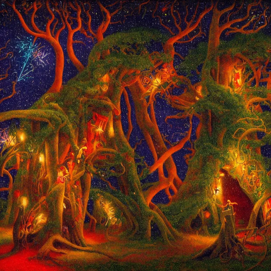 Image similar to closeup of a night carnival inside a tree cavity in a magical forest in the middle of a summer storm, with a music scenario with many fireworks and christmas lights, volumetric lightning, instense god rays in the sky, folklore people disguised with fantastic creatures in a magical forest by summer night, masterpiece painted by alphonse osbert, very coherent and colorful high contrast masterpiece,