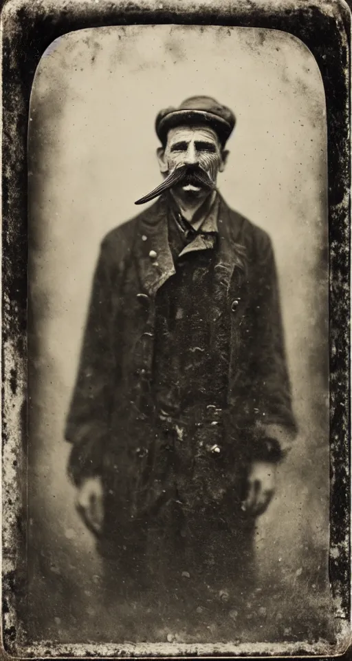 Image similar to a wet plate photograph, a portrait of a lone cobbler with a handlebar mustache