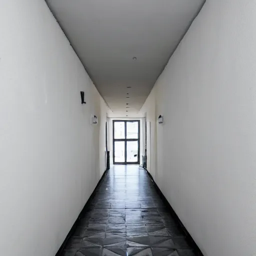 Image similar to photo of a vast interior space of irregular rooms and corridors. ceramic white tiles on all the walls.
