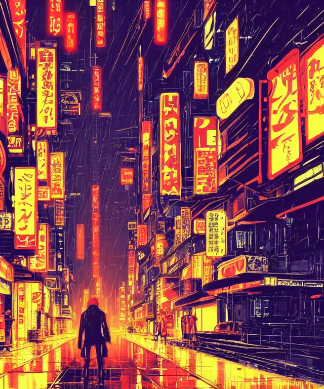 Prompt: big red robot waiting in street from neo tokyo , humid ground, artstation, art by françois schuiten and moebius and pascal campion, disney fantasy style, people and creatures walking holding neon ombrellas, volumetric light, neon lights, bokeh light from top, science fiction elements, lampposts, rainy mood