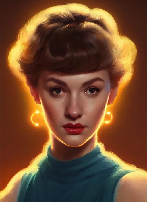 Image similar to portrait of betty cooper with fluffy bangs, bangs, 1 9 6 0 s, ponytail, curly bangs and ponytail, rounder face, intricate, elegant, glowing lights, highly detailed, digital painting, artstation, concept art, smooth, sharp focus, illustration, art by wlop, mars ravelo and greg rutkowski