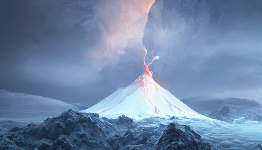 Image similar to A highly detailed matte painting of a snow volcano, a volcano in Antarctica, the volcano exploded with lava, flowing lava in the snow, ice, by Studio Ghibli, Makoto Shinkai, by Artgerm, by beeple, volumetric lighting, octane render, 4K resolution, trending on artstation, masterpiece