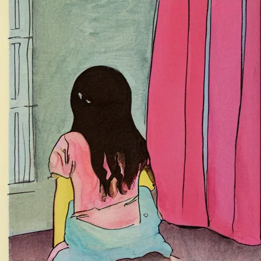Prompt: Shot from behind, a dark haired young girl in a pink dress looking at her reflection in the mirror, startled expression on her face, children's book illustration, 1990s bedroom, watercolour, line drawing