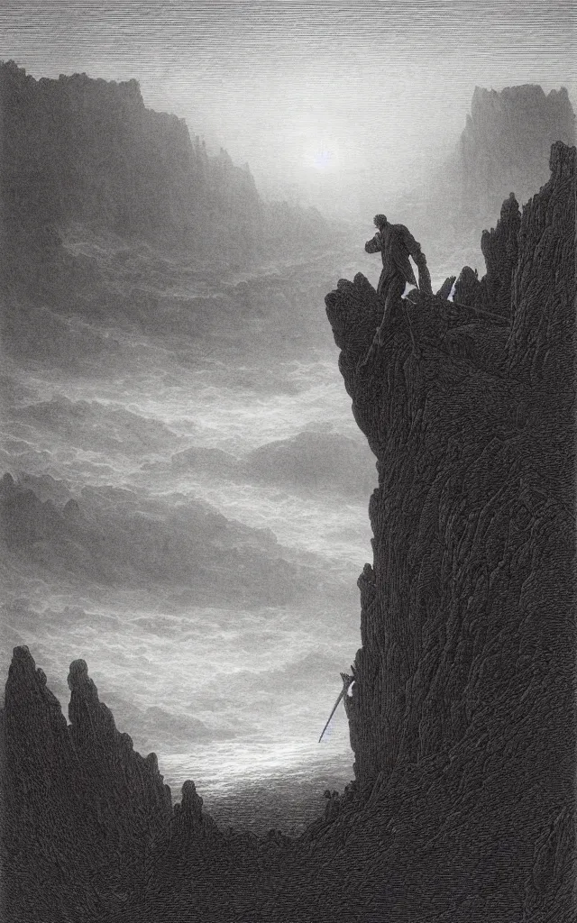 Image similar to an engraving of wanderer above the sea of fog by gustave dore, caspar david friedrich, highly detailed, lithograph engraving