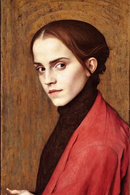 Image similar to portrait of emma watson, oil painting by jan van eyck, northern renaissance art, old masters, alla prima, realistic, expressive emotions, intricate textures, illusionistic detail