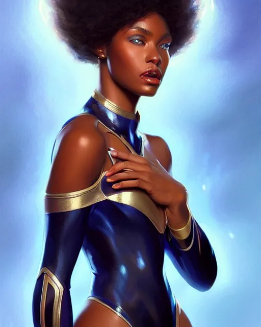 Image similar to Portrait of very very very very very very beautiful black woman, spacesuit, blue eyes, intricate, elegant, highly detailed, digital painting, artstation, concept art, smooth, sharp focus, illustration, real life skin, art by artgerm and greg rutkowski and alphonse mucha