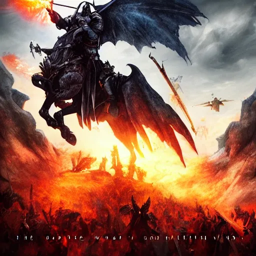 Prompt: cinematic digital art of the last knight from heaven fighting the hordes from hell making this last stand to protect the holy kingdom of heaven as they attack from below