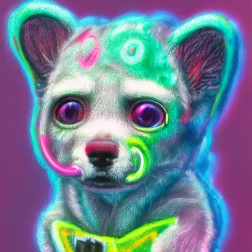 Prompt: Highly detailed pastel painting of a chibi puppy, detailed cyberpunk glitchcore synthwave art, trending on ArtStation