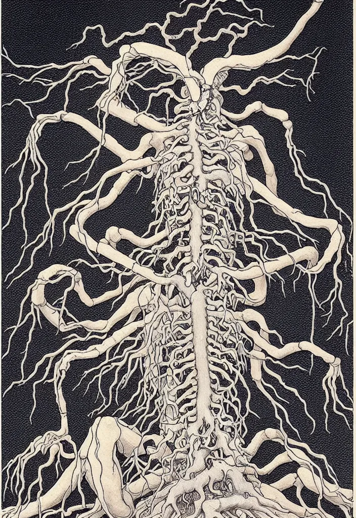 Image similar to prompt: dissection drawing of magical white skeleton Bonsai tree squid creature roots merging into big moon drawn by Takato Yamamoto, bonsai skeleton anatomy, veins and organs attached to tree roots, alchemical objects inspired by 1980's sci-ci, intricate oil painting detail, manga 1980