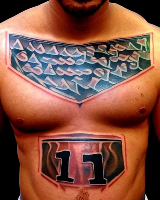 Prompt: tattoo of the number five on chest of anonymous muscular male, award - winning profile photography, muscle
