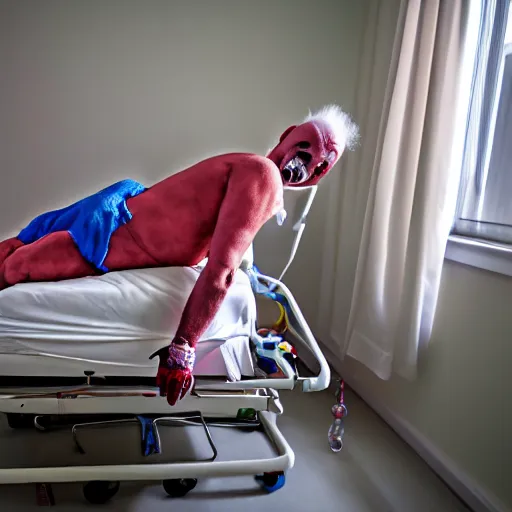 Image similar to delirious elderly clown supine in hospital bed, strapped into bed with restraints, trying to get out but unsuccessful, photograph, 8 k