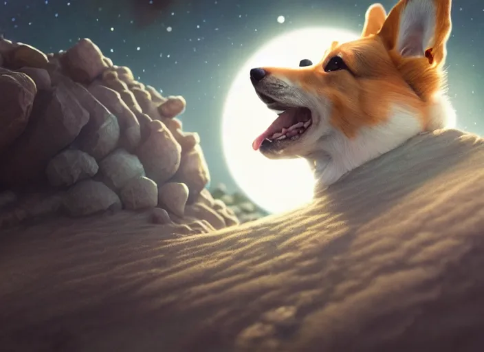 Image similar to highly detailed illustration of a corgi on the moon, artstation, cinematic lighting, hyperdetailed, cgsociety, 8k, high resolution, Charlie Bowater, Tom Bagshaw, Norman Rockwell, insanely detailed and intricate
