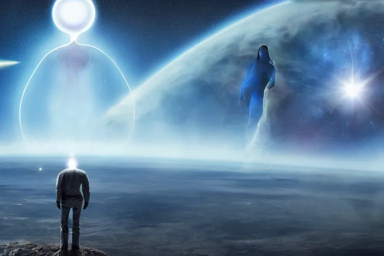 Prompt: a blue alien, faceless, standing on the planet looking at Armageddon, the background is cosmic, high quality