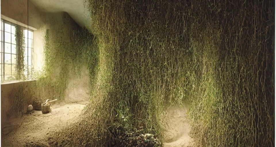 Image similar to IKEA catalogue photo, high end farm house style bathroom, sand piled in corners, dust, organic, vines, overgrown, tropical, by Beksiński