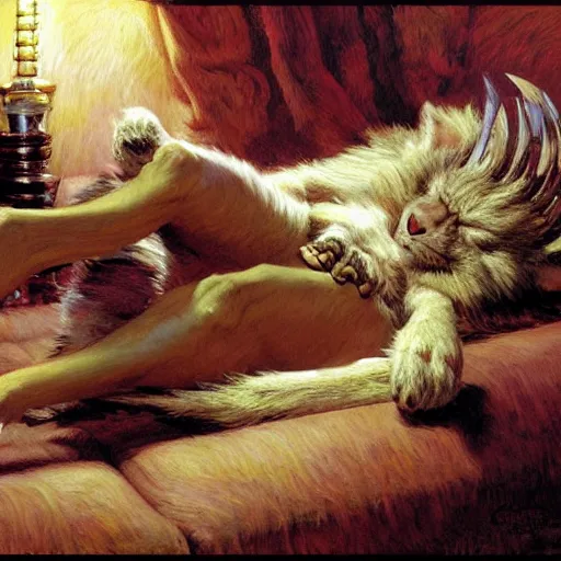 Prompt: a portrait of a furry alien sleeping on the couch. highly detailed painting by gaston bussiere, craig mullins, j. c. leyendecker, furry