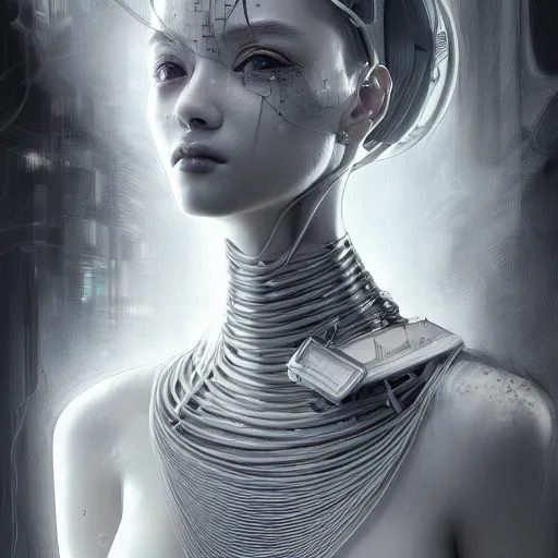 Image similar to the portrait of an absurdly beautiful, graceful, sophisticated, fashionable cyberpunk gravure idol, an ultrafine hyperdetailed illustration by kim jung gi, irakli nadar, matt wisniewski, intricate linework, iridescent wiring, porcelain skin, unreal engine 5 highly rendered, global illumination, radiant light, detailed and intricate environment