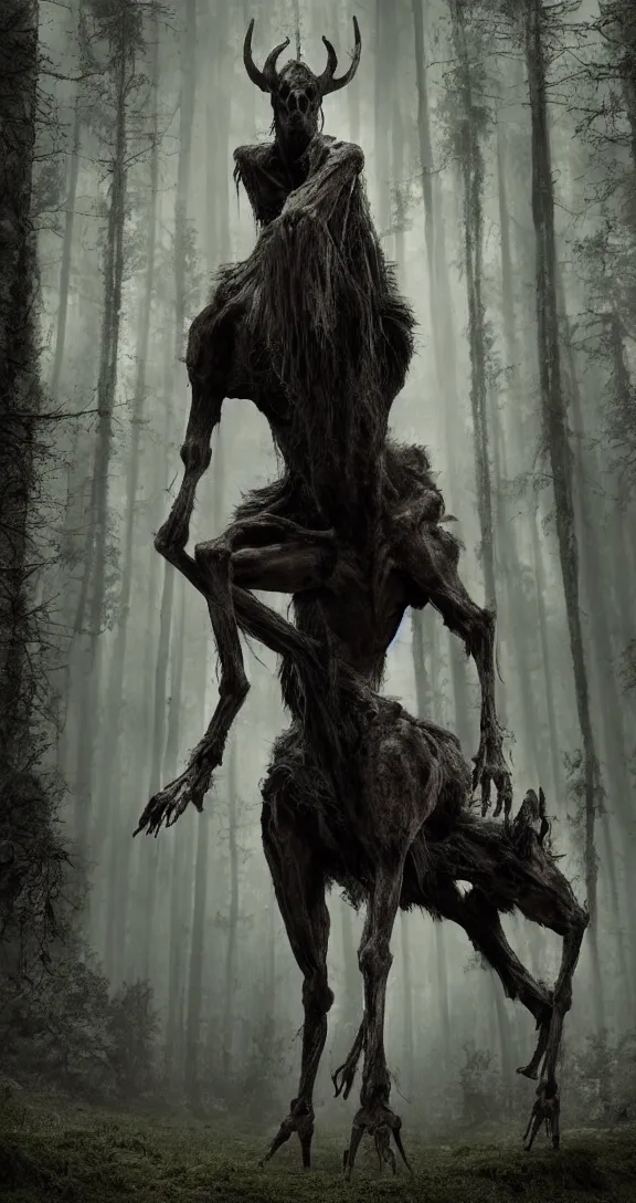 Image similar to a cinema still of a tall, bony humanoid creature with the head and hooves of a horse and disproportionately long limbs with dark gloomy forest in the background shot by guilliermo del toro, horror, dark, natural, hyper detailed, digital art, trending in artstation, cinematic lighting, studio quality,