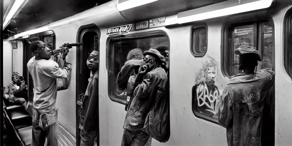 Prompt: new york subway cabin 1 9 8 0 s inside all in graffiti, black guy threatens another black guy with a gun, coloured film photography, christopher morris photography, bruce davidson photography