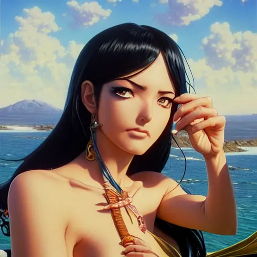 Prompt: highly detailed vfx portrait of nico robin by eiichiro oda!, stephen bliss, greg rutkowski, loish, rhads, beeple, makoto shinkai, tom bagshaw, alphonse mucha, sharp focus, art by artgerm and greg rutkowski, stanley kubrick, backlit, harsh overhead sunlight,