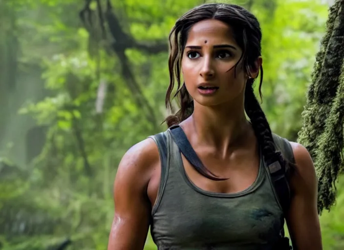 Image similar to film still of!!!! naomi scott!!! as lara croft in new tomb raider movie, 8 k