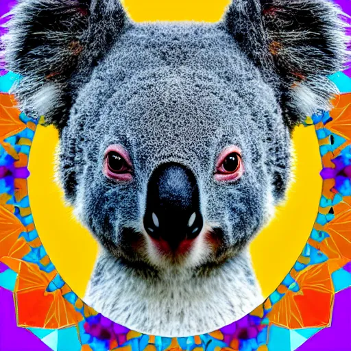 Image similar to a technicolor portrait of a koala in geometric kaleidoscopic colors trending on artstation 4 k intricate extremely detailed digital art