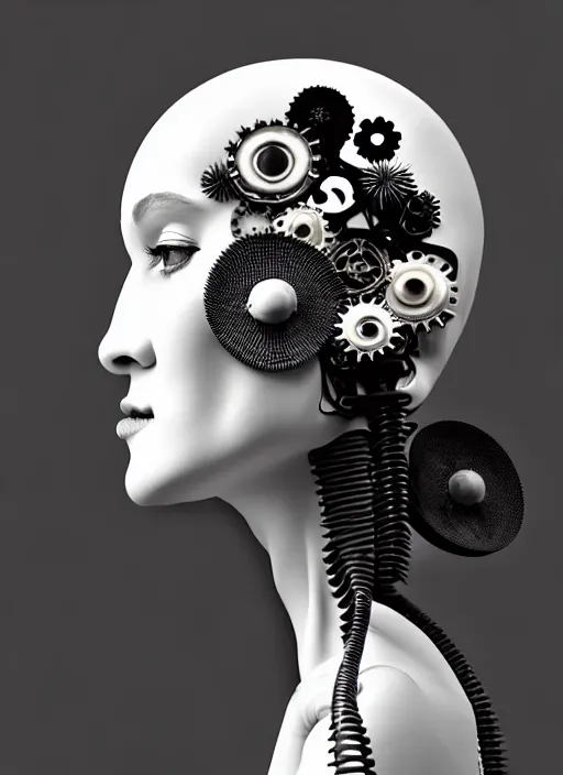Image similar to black and white dreamy foggy profile face portrait, one steampunk eye biomechanical beautiful young female cyclope - cyborg - robot bust, body ribs meshes,, volumetric light, hibiscus flowers, by hg giger, rim light, by dora maar and cecile beaton, big gothic fashion pearl embroidered collar, 8 k