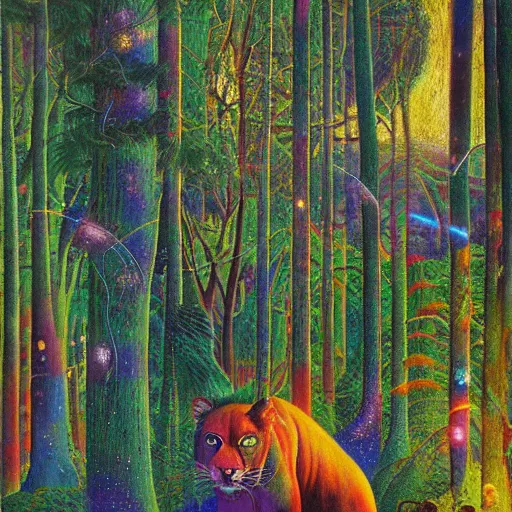 Prompt: psychedelic big cats hidden lush pine forest, outer space, milky way, designed by arnold bocklin, jules bastien - lepage, tarsila do amaral, wayne barlowe and gustave baumann, cheval michael, trending on artstation, star, sharp focus, colorful refracted sparkles and lines, soft light, 8 k 4 k