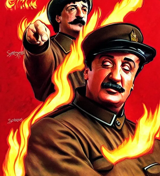 Image similar to sylvester stallone as stalin on fire,, cinematic, by greg rutowski, by greg rutkowski, by stanley artgerm, by alphonse mucha