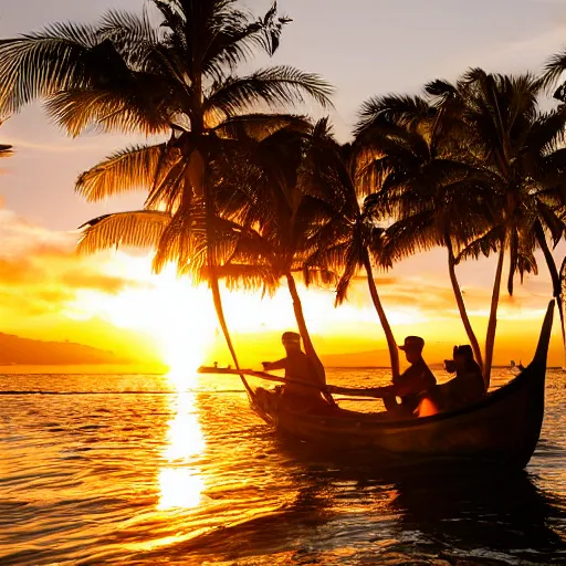 Prompt: maui and his brothers in a traditional maori waka canoe, fishing up an island, highly detailed, photorealistic, pulitzer prize winning, golden hour, sunset